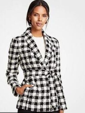 Ann Taylor Black and White Checked Tweed Belted Blazer Jacket Small